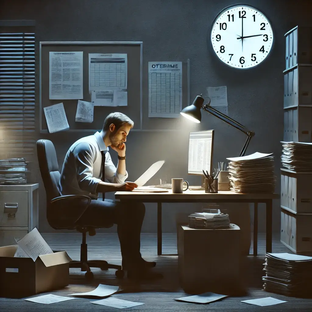 DALL·E-2025-02-27-12.00.48-A-realistic-depiction-of-an-office-worker-staying-late-at-night-working-overtime
