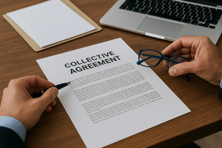 שני אנשים בוחנים מסמך על שולחן עץ עם הכותרת 'Collective Agreement', ליד מחשב נייד ומשקפיים, מייצג דיון על הסכם עבודה קיבוצי.